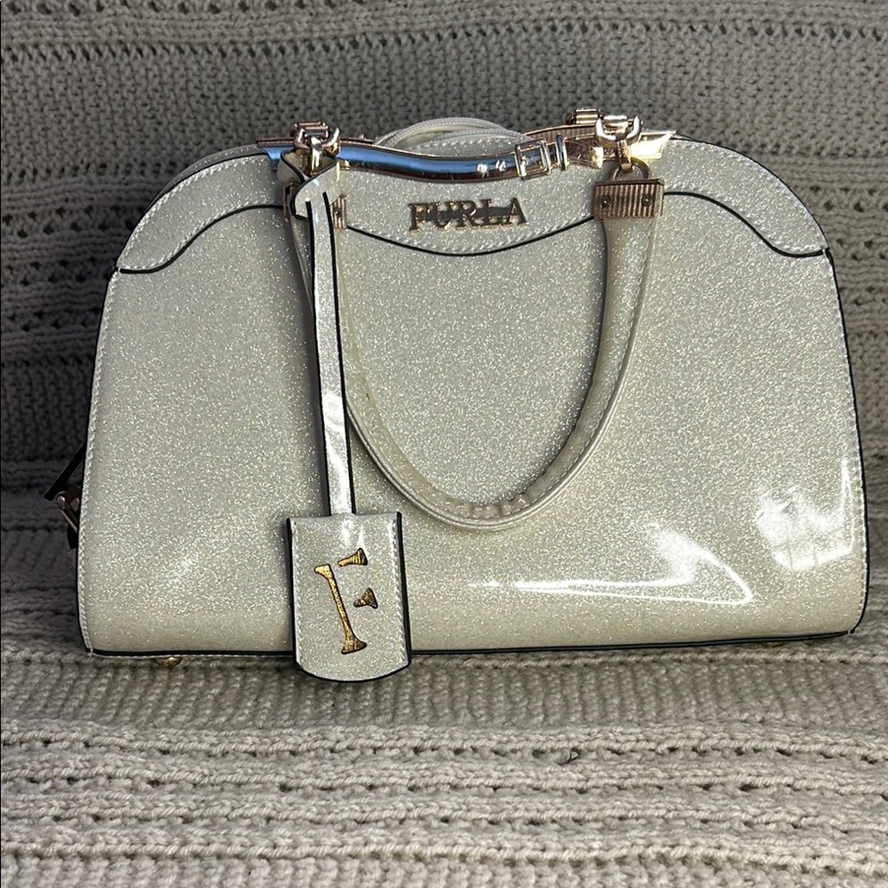 Furla Cream Satchel with Structured Design and Glossy Finish